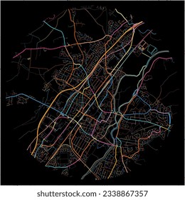 Map of Burton-upon-Trent, West Midlands with all major and minor roads, railways and waterways. Colorful line art on black background.