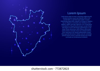 Map Burundi from the contours network blue, luminous space stars for banner, poster, greeting card, of vector illustration