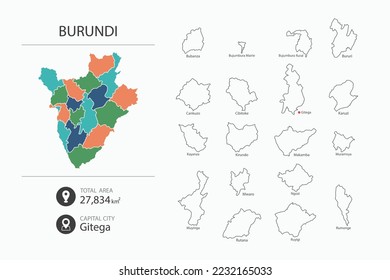 Map of Burundi with detailed country map. Map elements of cities, total areas and capital.