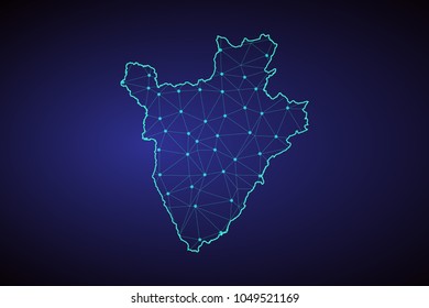 Map of Burundi from Polygonal wire frame low poly mesh, contours network line, luminous space stars, design sphere, dot and structure. Vector Illustration EPS10.