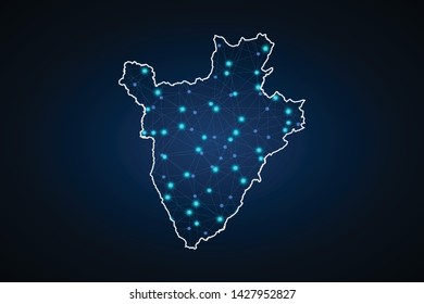 Map of Burundi from Polygonal wire frame low poly mesh, contours network line, luminous space stars, design sphere, dot and structure. Vector Illustration EPS10. - Vector