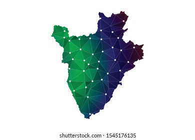 Map of Burundi from Polygonal wire frame low poly mesh, contours network line, luminous space stars, design sphere, dot and structure. Vector Illustration EPS10.