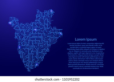 Map Burundi from printed board, chip and radio component with blue star space on the contour for banner, poster, greeting card. Computer electronics processor motherboard. Vector illustration. 