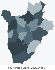 Mapa de Burundi con regiones. Solo un simple mapa de la frontera del país con la división de la región. Paleta de colores gris azul. Forma plana de la República de Burundi con división administrativa. Ilustración vectorial.