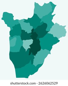 Map of Burundi with regions. A simple country border map with regional divisions, using a teal color palette. Flat design vector illustration of the Republic of Burundi.