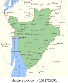 Map of Burundi. Shows country borders, urban areas, place names and roads. Labels in English where possible.
Projection: Mercator.