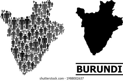 Map of Burundi for social promotion. Vector nation collage. Collage map of Burundi constructed of people items. Demographic concept in dark gray color shades.