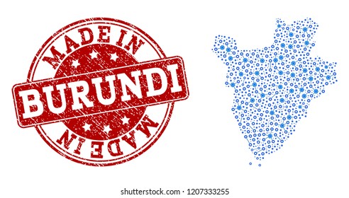 Map of Burundi vector mosaic and Made In grunge stamp. Map of Burundi created with blue engine relations. Made in red seal with unclean rubber texture.