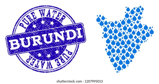 Map of Burundi vector mosaic and Pure Water grunge stamp. Map of Burundi created with blue liquid drops. Seal with scratched rubber texture for pure drinking water.