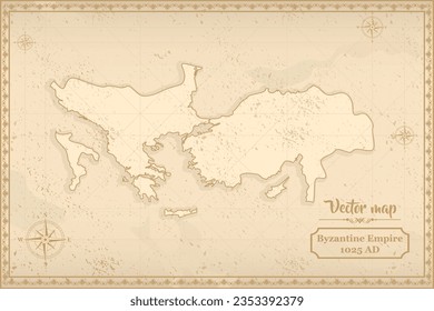Mapa del Imperio Bizantino en el viejo estilo, gráficos marrones en estilo retro de fantasía.
