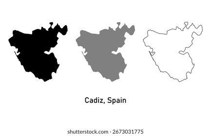 Karte von Cadiz, eine Provinz in Spanien. Karte mit verschiedenen Arten von Umrissen, schwarz und grau.