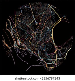 Map of Cagliari, Sardinia with all major and minor roads, railways and waterways. Colorful line art on black background.