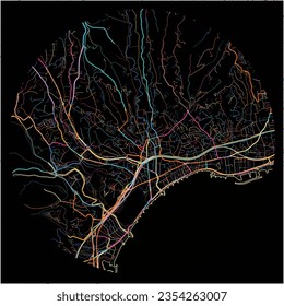 Map of Cagnes-sur-Mer, Alpes-Maritimes with all major and minor roads, railways and waterways. Colorful line art on black background.