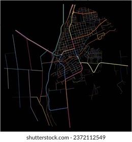 Map of Cahul, Cahul district with all major and minor roads, railways and waterways. Colorful line art on black background.