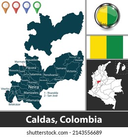 Map of Caldas department with municipalities and location on Colombian map. Vector image