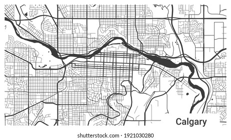 Map of Calgary city, Alberta, Canada. Horizontal background map poster black and white land, streets and rivers. 1920 1080 proportions. Royalty free grayscale graphic vector illustration.