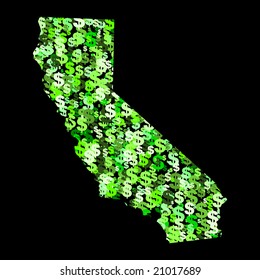 Mapa de California con collage de símbolos en dólares de colores