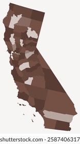 Map of California with counties. Just a simple state border map with county division. Brown color palette. Blank State of California shape with administrative division. Vector illustration.