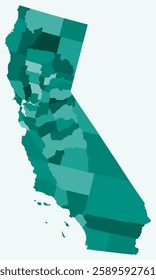 Map of California with counties. Just a simple state border map with county division. Teal color palette. Flat State of California shape with administrative division. Vector illustration.