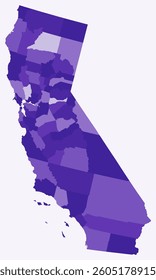 Map of California with counties. Just a simple state border map with county division. Deep purple color palette. Blank State of California shape with administrative division. Vector illustration.