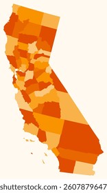 Map of California with counties. Just a simple state border map with county division. Orange color palette. Blank State of California shape with administrative division. Vector illustration.