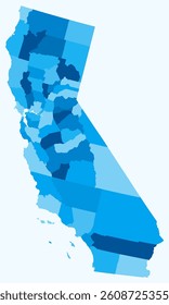Map of California with counties. A simple state border map with county divisions in a light blue color palette. Flat design vector illustration.