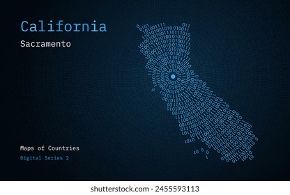 A map of California depicted in zeros and ones in the form of a circle. The capital, Sacramento, is shown in the center of the circle	