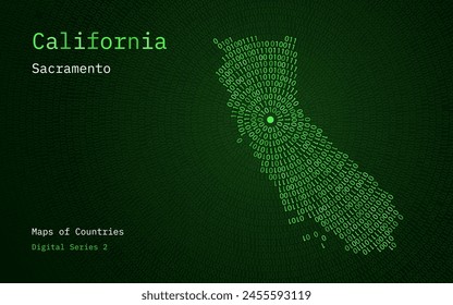 A map of California depicted in zeros and ones in the form of a circle. The capital, Sacramento, is shown in the center of the circle	