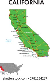 Map of California. The map depicts the state capitals, major cities and highways.