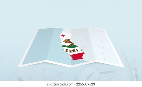 Map of California with the flag of California in the contour of the map on a trip abstract backdrop. Travel illustration.