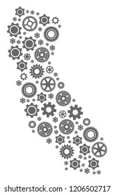 Map of California formed with gray wheel symbols. Vector abstract collage of map of California with repair symbols. Engineering flat design for repair illustrations.