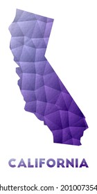 Map of California. Low poly illustration of the us state. Purple geometric design. Polygonal vector illustration.