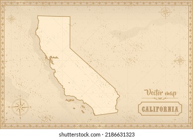 Map of California in the old style, brown graphics in retro fantasy style