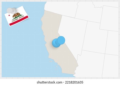 Map of California with a pinned blue pin. Pinned flag of California, vector illustration.