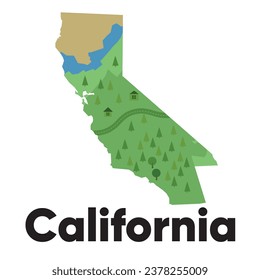 map of California shape cartoon graphic illustration cartoon style of forest and river