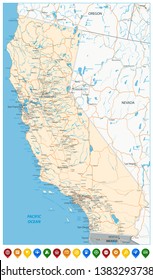 Map of California State and Colored Map Icons - Highly Detailed Map of California State vector illustration - All elements are separated in editable layers clearly labeled.