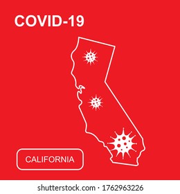 Map of California State labeled "COVID-19". White outline map on a red background. Vector illustration of a virus, coronavirus, epidemiology.