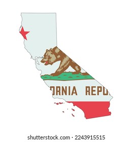 Map of the California state with its official flag isolated on white background. Vector illustration