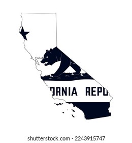 Map of the California state with the official flag in white and black colors isolated on white background. Vector illustration