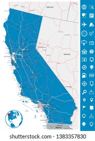 Map of California State and It's Roads - Highly Detailed Map of California State vector illustration - All elements are separated in editable layers clearly labeled.