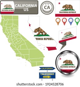 Map of California state, US with flag and counties. Vector image