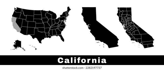 Map of California state, USA. Set of California maps with outline border, counties and US states map. Black and white color vector illustration.