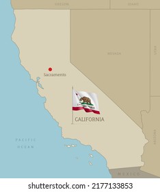 Map of California US state with waving flag. Highly detailed editable map of USA federal state with territory borders and Sacramento capital city realistic vector illustration