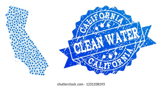 Map of California vector mosaic and clean water grunge stamp. Map of California designed with blue water dews. Seal with retro rubber texture for clean drinking water.