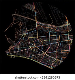 Map of Callao with all major and minor roads, railways and waterways. Colorful line art on black background.