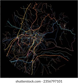 Map of Caltanissetta, Sicily with all major and minor roads, railways and waterways. Colorful line art on black background.