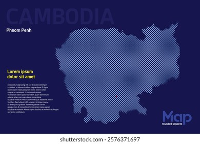 Map of Cambodia featuring rounded squares with light blue color. The name of the capital marked with a red square. Isolated on a dark blue background. Perfect for various design projects
