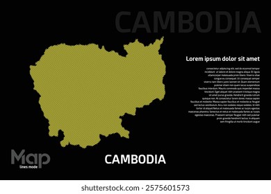 Map of Cambodia featuring yellow geographic lines, isolated on a black background. Perfect for various design projects.
