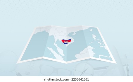 Map of Cambodia with the flag of Cambodia in the contour of the map on a trip abstract backdrop. Travel illustration.