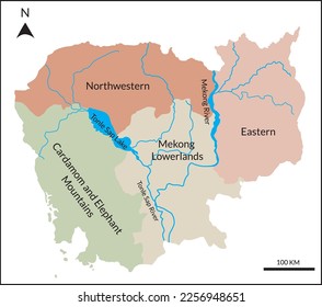 Map of Cambodia includes four regions: Northwestern, Cardamom and Elephant Mountains, Mekong Lowlands, and Eastern. Mekong River basin and Tonle Sap Lake